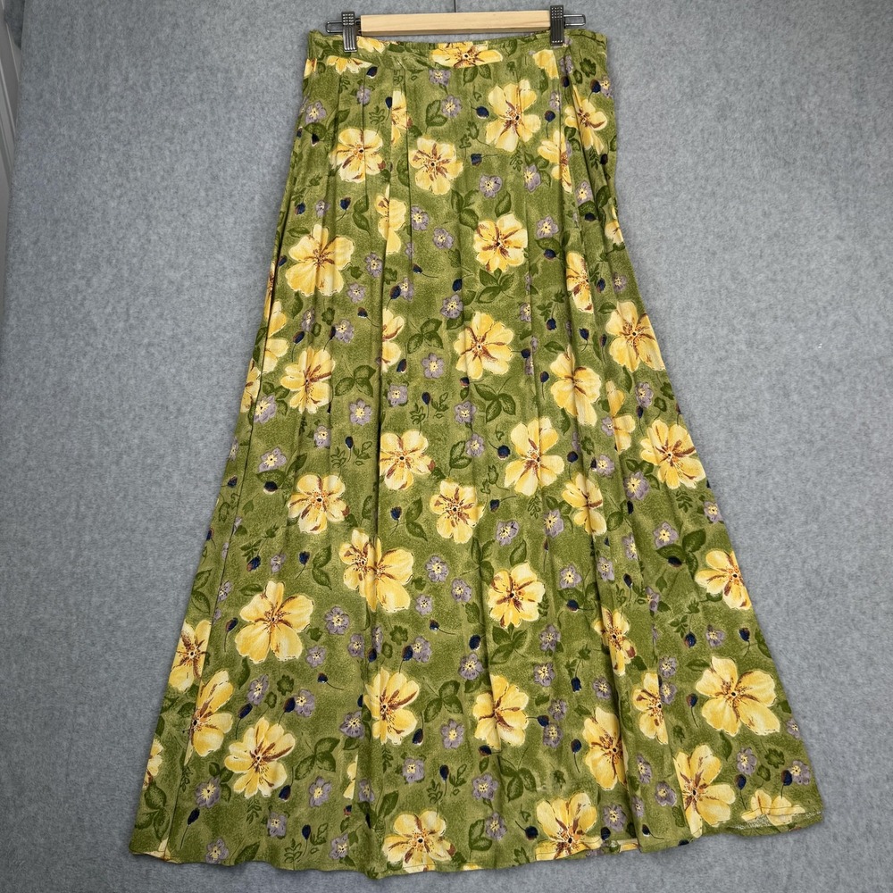 Vintage Putumayo Skirt Womens L Green Yellow Floral Maxi Boho Pleated India